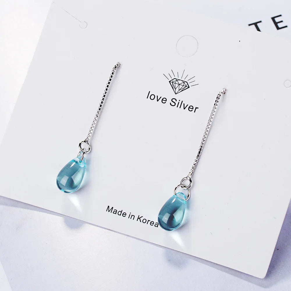 925 Sterling Silver Long Earrings Light Blue Glass Pendant for Ladies and Young Girls Women's Jewelry