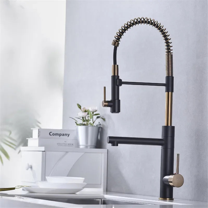 Brushed Gold Kitchen Faucets Pull Down Sink Faucet Pull Out Black Spring Spout Mixers Tap Hot Cold Water Crane