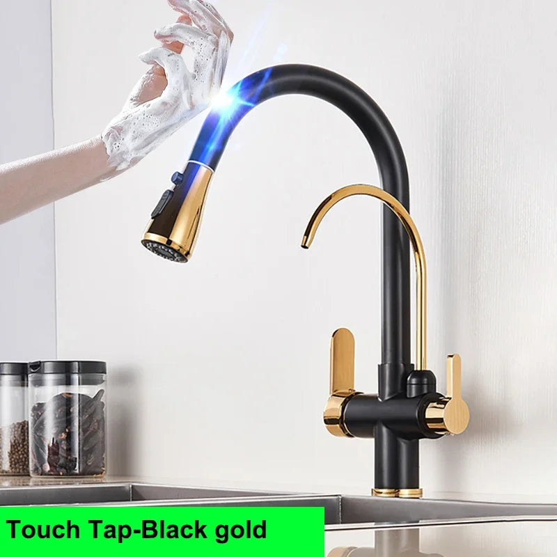 Brushed Nickel Touch on Filter Kitchen Faucet with Pull Down Sprayer Hot Cold Kitchen Sink Mixer Tap Sensor Touch Kitchen Faucet