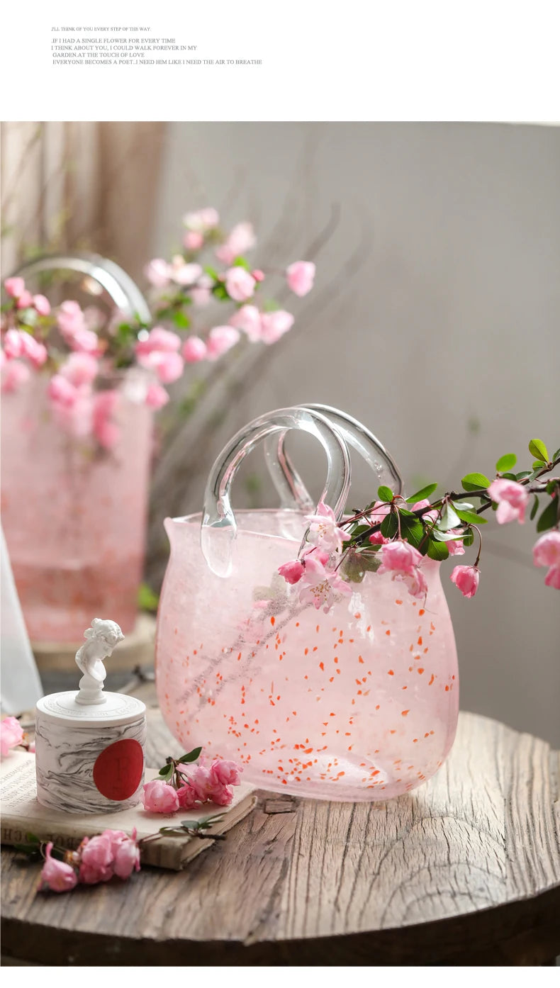 Pink Pail Glass Handbag Home Decor Flower Vase Decoration Piece Creative Internet Celebrity INS Wind Hydroponic Vase Retro