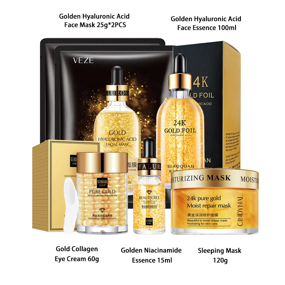 24K Gold Skincare Set Nicotinamide Face Essence Fade Dark Eye Circles Collagen Eye Cream Firming Skin Eye Mask Face Care Kit