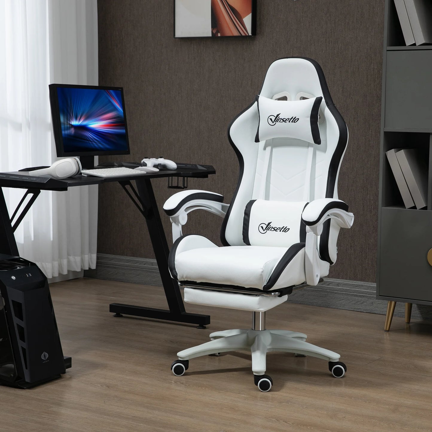 Vinsetto Gaming chair 135 ° adjustable height adjustable PU leather stand-back chair and retractable office studio footrest headrest 65x65x121-129 cm White