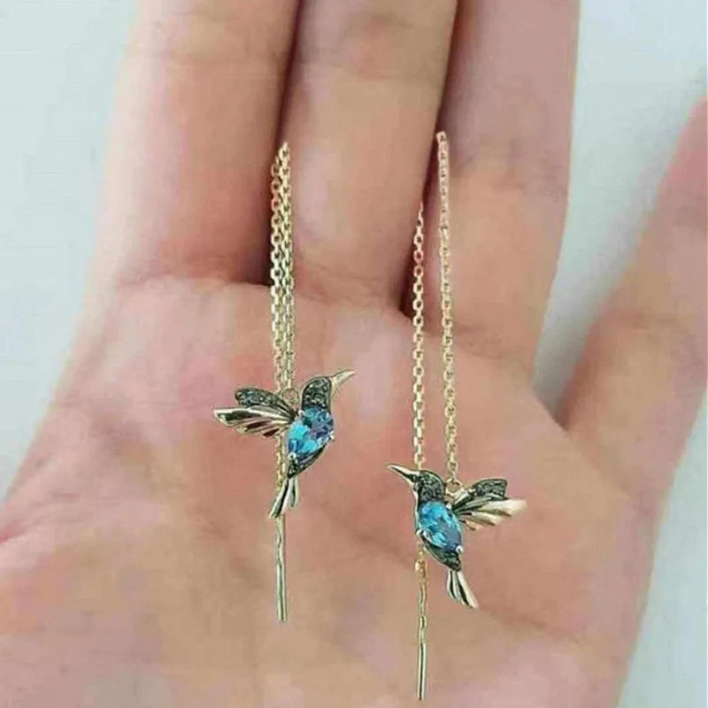 Women's Dangle Earrings Fashionable Wing Spreading Zircon Hummingbird Long Pendant Earchain Lady Jewelry Fashionable Wing Spread