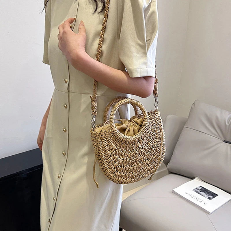 Handwoven Straw Rattan Half-Moon Beach Handbag Large Capacity Women Summer Hollow Out Crossbody Shoulder Bag