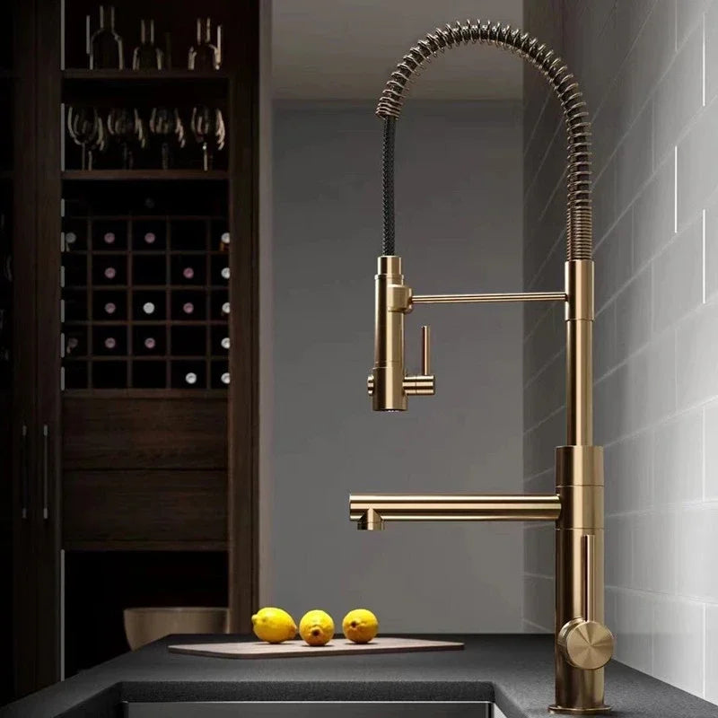 Brushed Gold Kitchen Faucets Pull Down Sink Faucet Pull Out Black Spring Spout Mixers Tap Hot Cold Water Crane