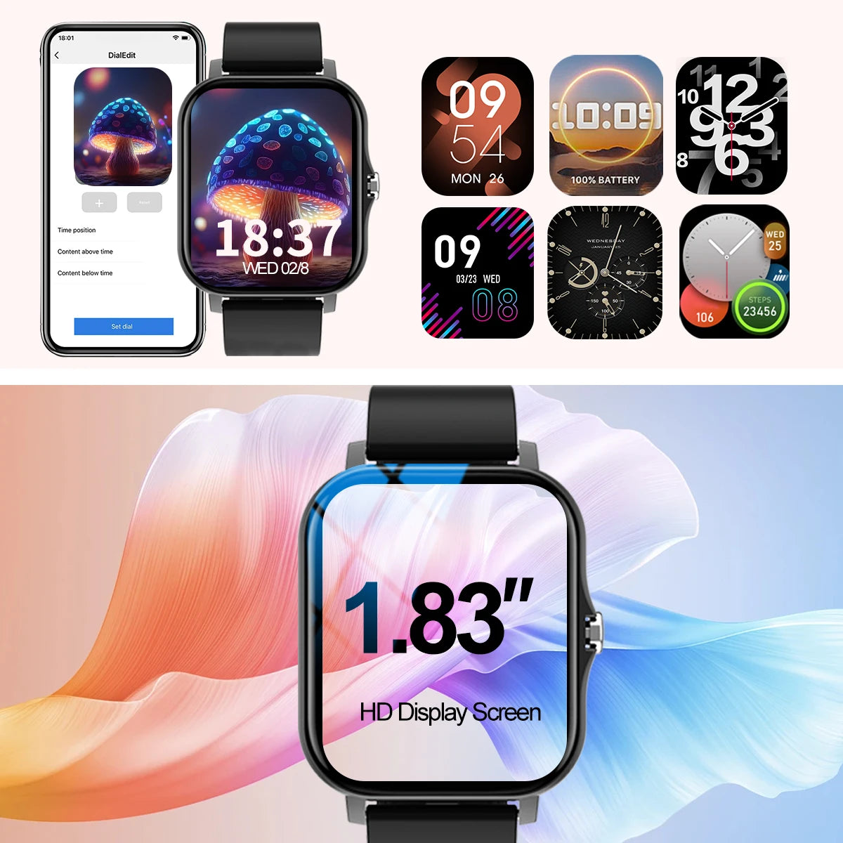 Smart watch, Bluetooth calls, message reminders, custom dial wallpaper, compatible with Android and iPhone