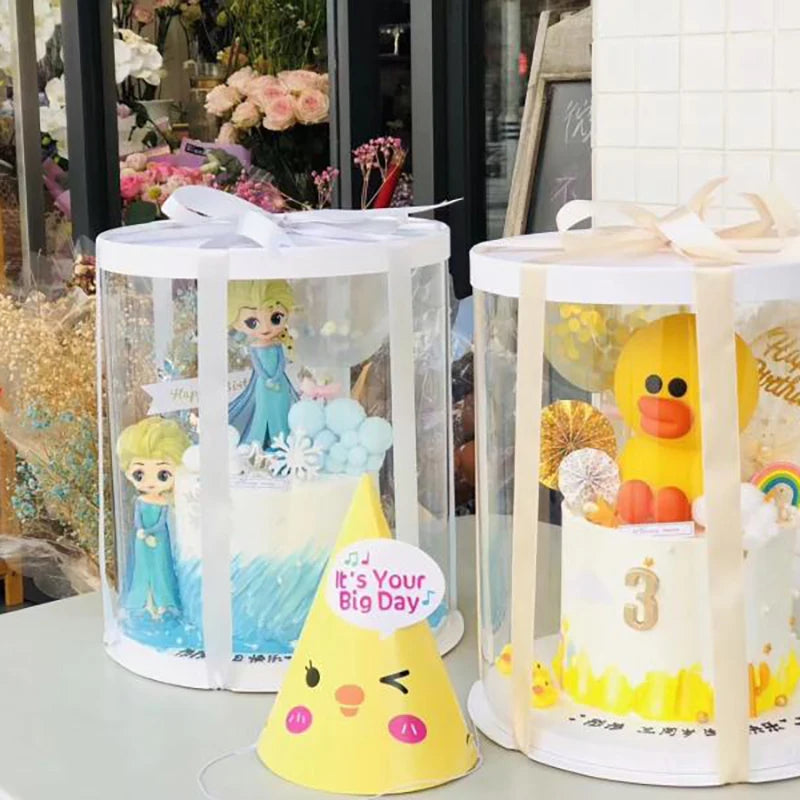 4/6inch Round Cake Box multicolor Transparent Cylindrical Pattern Gifts Rose Bear Packaging Case Baking Birthday Party Decor