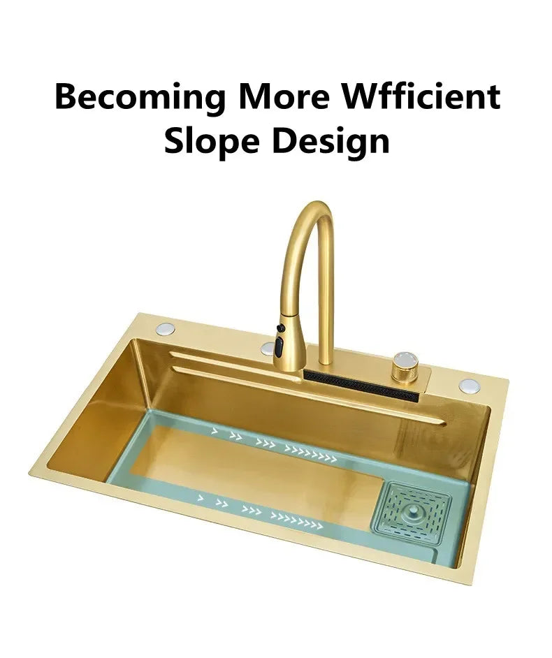 Gold 304 Stainless Steel kitchen Waterfall Sink,Washing Basin,Large Single Slot Sink Crockery Drainer Gourmet Faucet kitchen