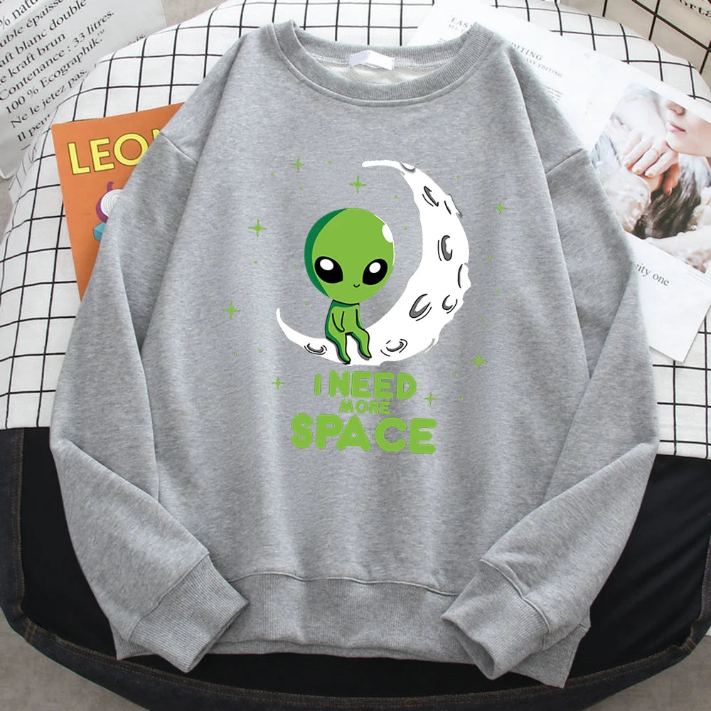 Casual Kawaii Women Sweatshirts I Need More Space Green Alien Print Hoodie Loose Warm Pullover Soft Fleece Ladies Streetwear