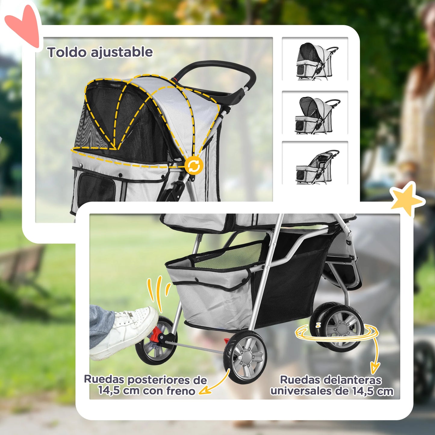 PawHut Pram Folding pets people 75x45x97 cm Dog cats claw Cart wheel castors Grey