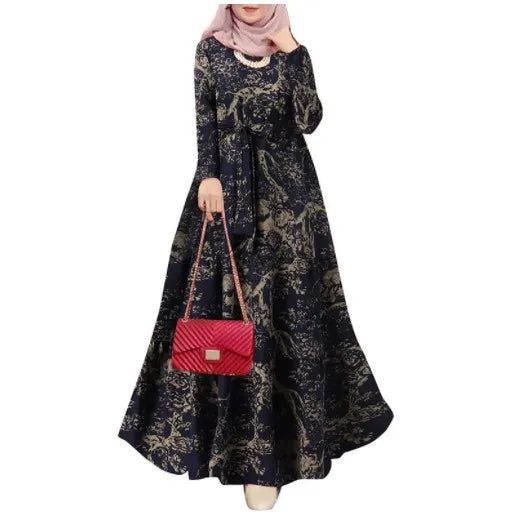 Women dress Eid Muslim Dresses Long Sleeve O Neck Dubai Abaya Print Long Robe Patchwork Kaftan Casual Abayas Ramadan Morocco