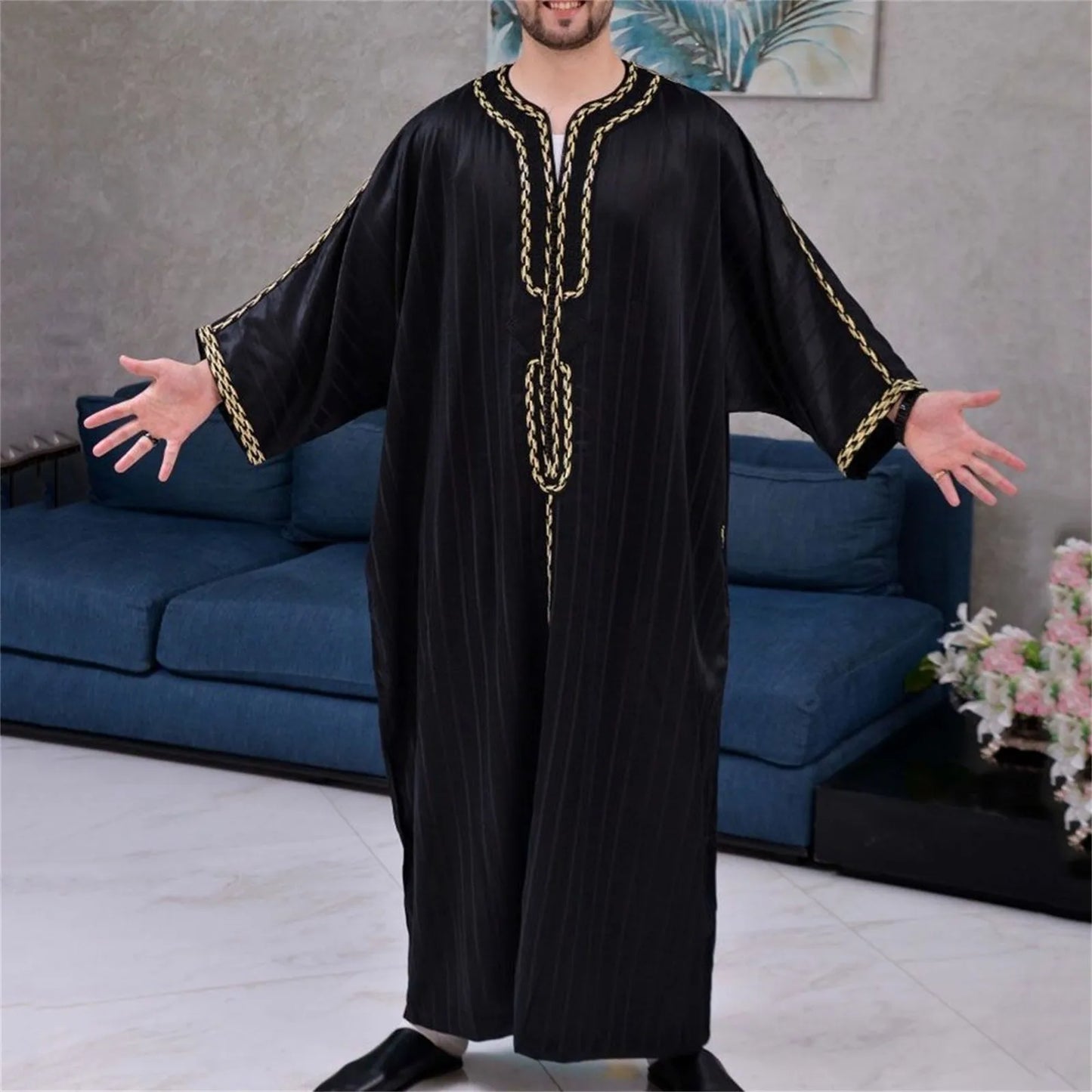 Islam Kaftan Muslim Men Clothing Moroccan Caftan Hand Embroidered Loose and Breathable Djellaba Abaya Thobe for Men Summer