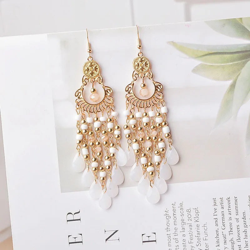 Bohemian Long Acrylic Waterdrop Tassel Earrings for Women Ethnic Multicolor Bead Drop Oil Handmade Dangle Earrings Boho Jewelry