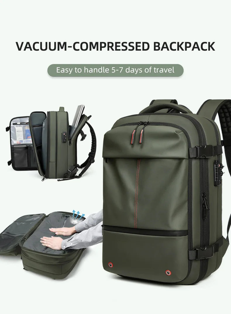 60L Airback Vacuum Compression Backpack with Wheels Expandable Men Waterproof Carry On Travel Backpacks 17 inch Laptop Backpack