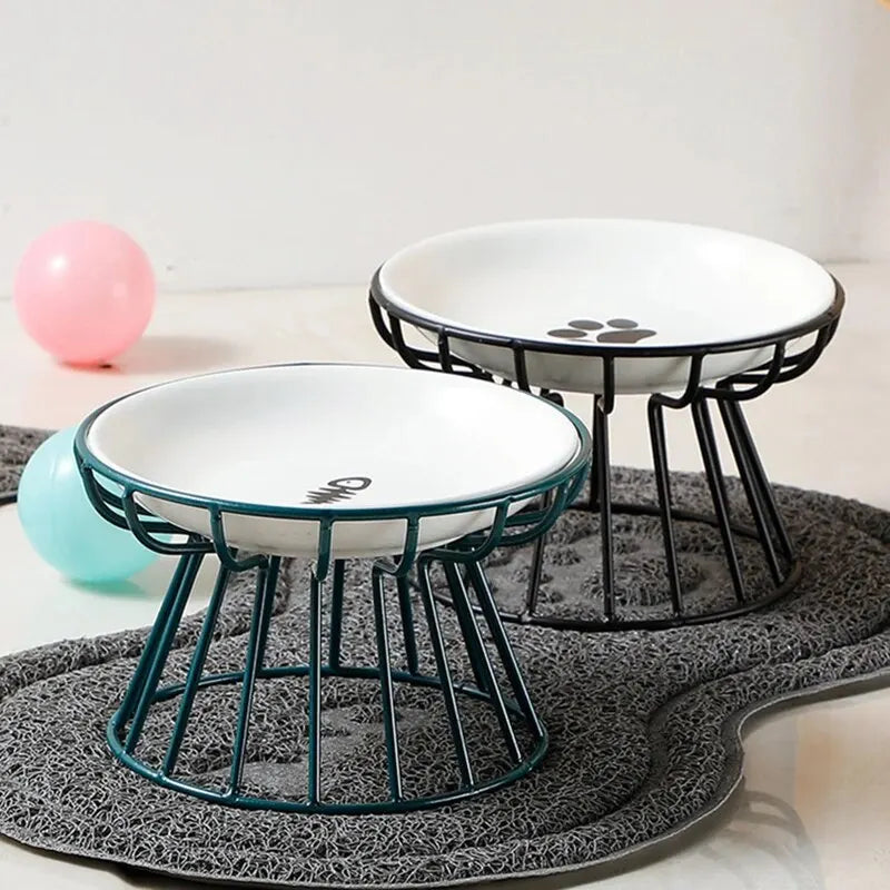 1Set Pet Ceramic Bowl Iron Rack Cat Food Snacks Canned Plate Anti-black Chin Anti-turning Water Does Not Leak Easy To Eat