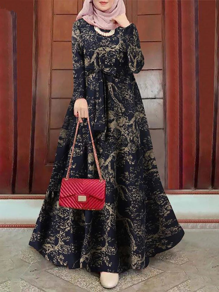 Women dress Eid Muslim Dresses Long Sleeve O Neck Dubai Abaya Print Long Robe Patchwork Kaftan Casual Abayas Ramadan Morocco