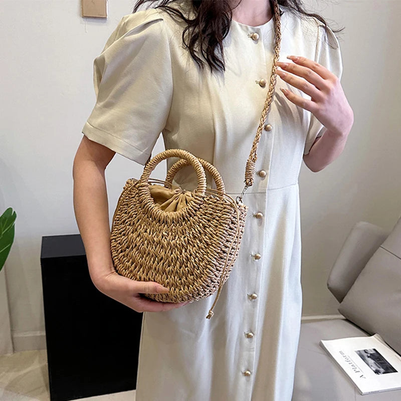 Handwoven Straw Rattan Half-Moon Beach Handbag Large Capacity Women Summer Hollow Out Crossbody Shoulder Bag