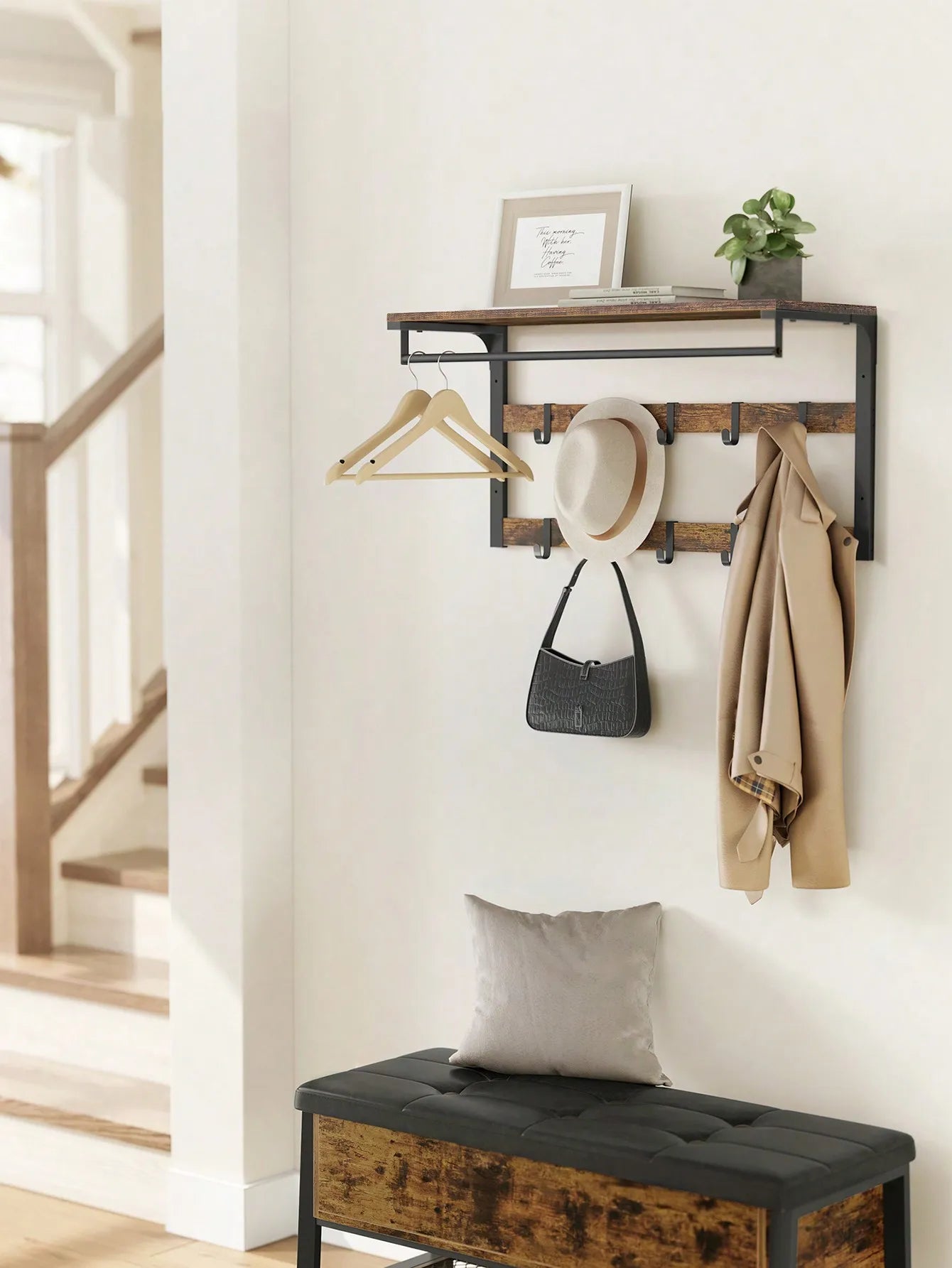 VASAGLE Wall-Mounted Coat Rack: Shelf with 10 Hooks, Clothes Rail. Ideal for Entryway, Bedroom, Bathroom. Rustic Brown/Black.