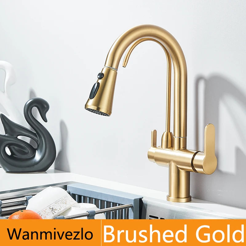 Gold Purify Water Kitchen Faucet Deck Mounted Dual Handle Faucet Purification Kitchen Sink Faucet 2 Swivel Spout Water Mixer Tap