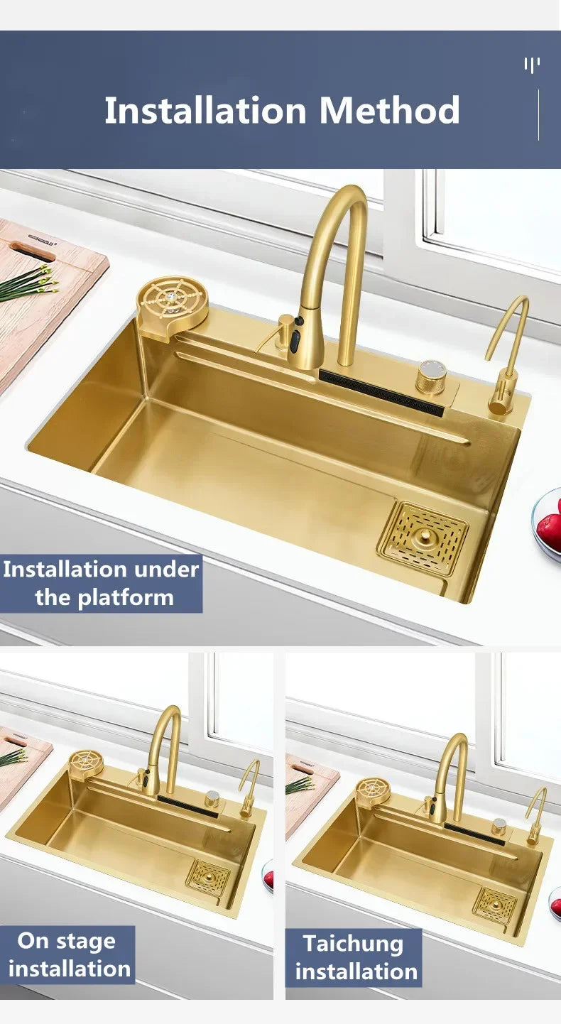 Gold 304 Stainless Steel kitchen Waterfall Sink,Washing Basin,Large Single Slot Sink Crockery Drainer Gourmet Faucet kitchen