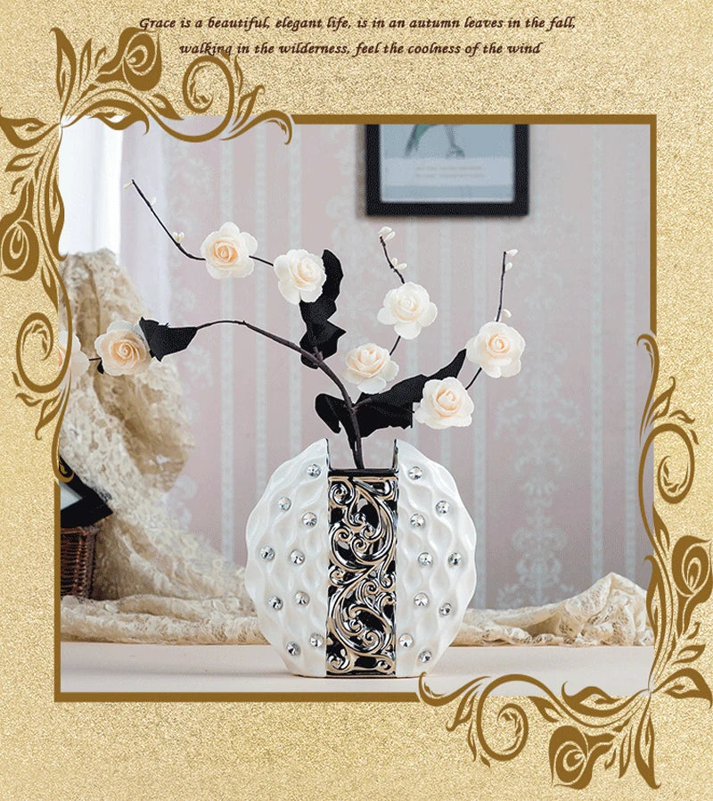 Modern simplicity Ceramic Vase Hand Inlaid Drill plating White/silver  Arrangement Flower Art Vases wedding home decoration