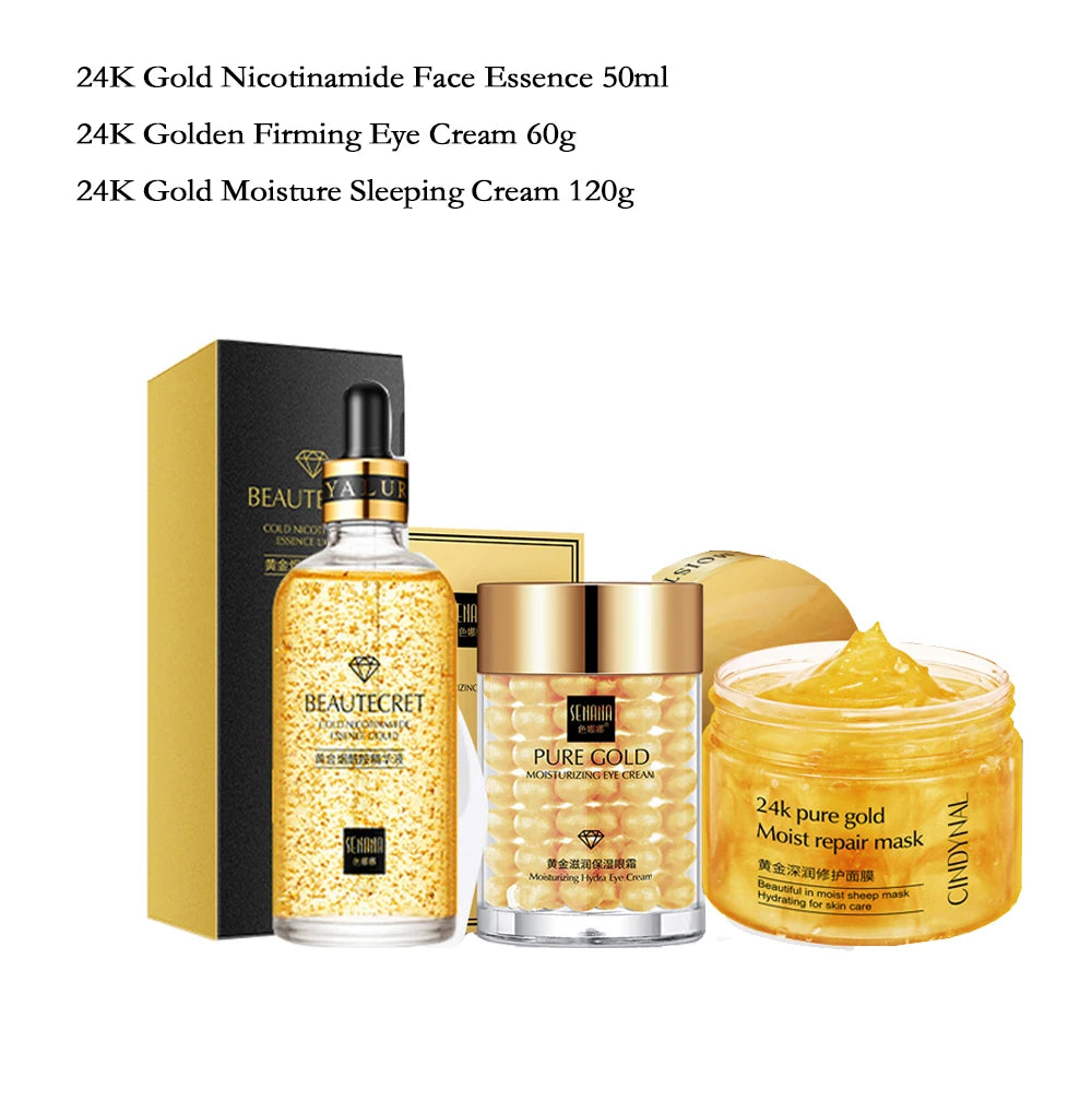 24K Gold Skincare Set Nicotinamide Face Essence Fade Dark Eye Circles Collagen Eye Cream Firming Skin Eye Mask Face Care Kit