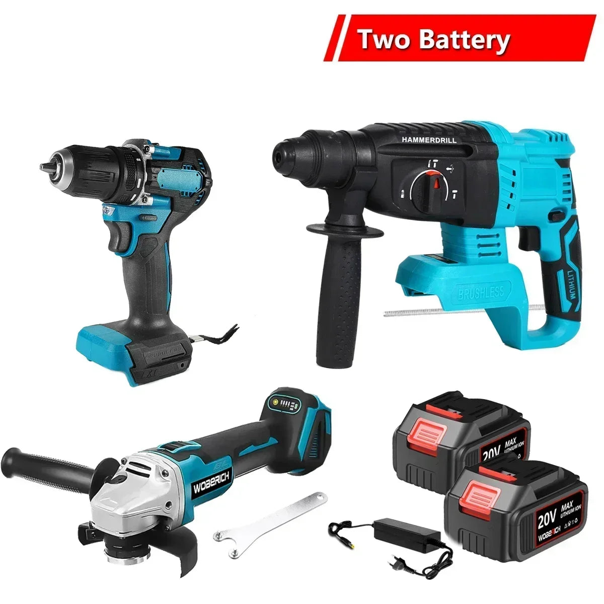 WOBERICH Brushless Cordless Angle Grinder Electric circular saw Electric Impact Hammer Drill With 2x Battery Combo Kits