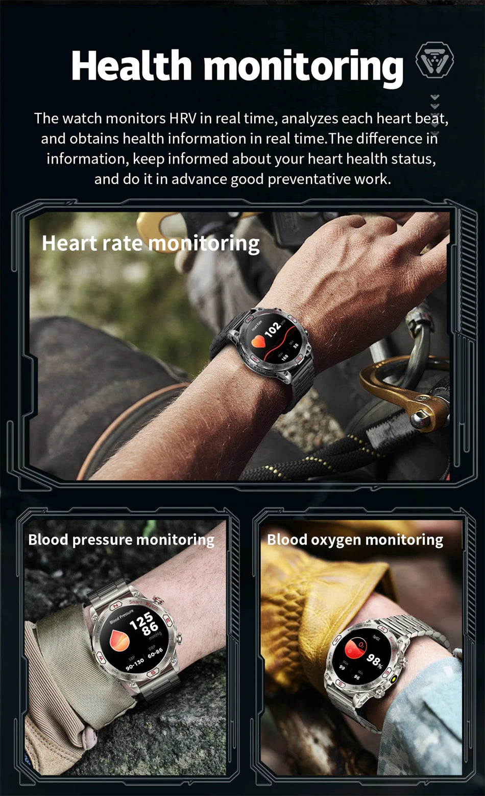 1 ATM Waterproof Smart Sport Watch Men With 450MAh Battery Health Monitoring Bluetooth Call Outdoor Compass Military Smart Watch