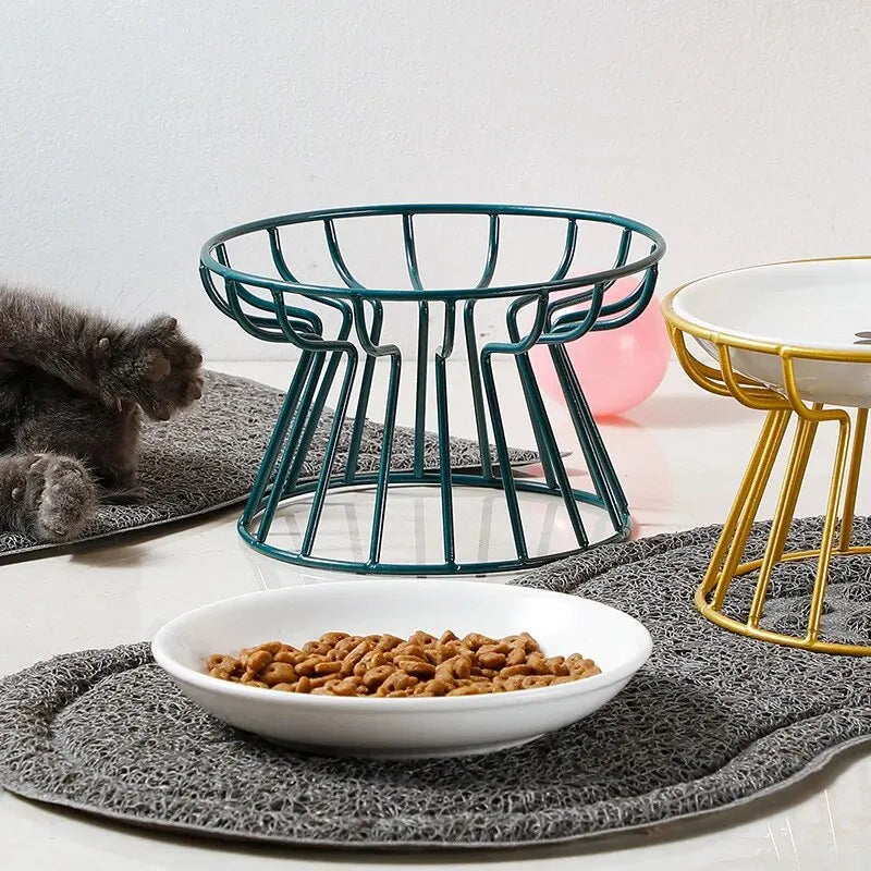 1Set Pet Ceramic Bowl Iron Rack Cat Food Snacks Canned Plate Anti-black Chin Anti-turning Water Does Not Leak Easy To Eat