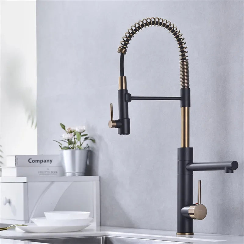 Brushed Gold Kitchen Faucets Pull Down Sink Faucet Pull Out Black Spring Spout Mixers Tap Hot Cold Water Crane