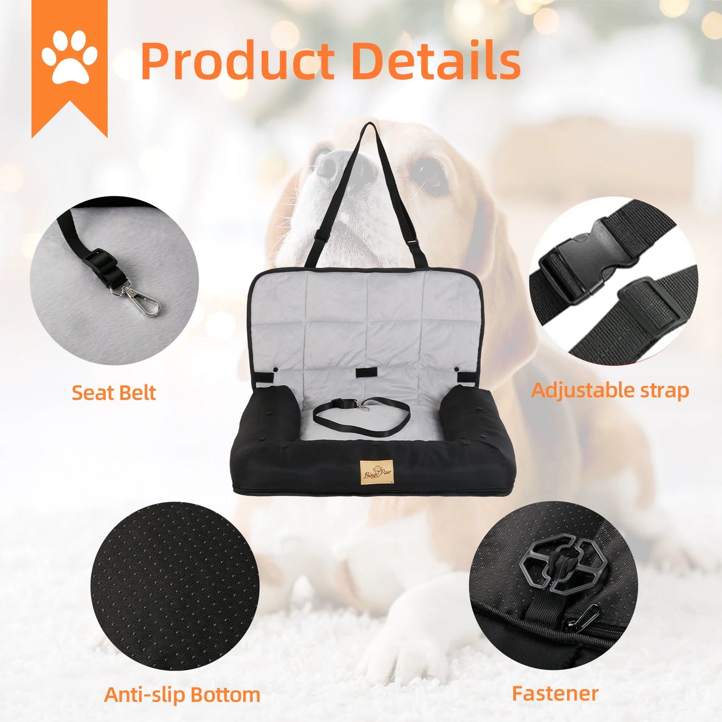 Portable Dog Car Seat Bed Pet Booster Car Seat Travel Carrier Seat with Clip-on Safety Belt Waterproof Basket Protector Cushion