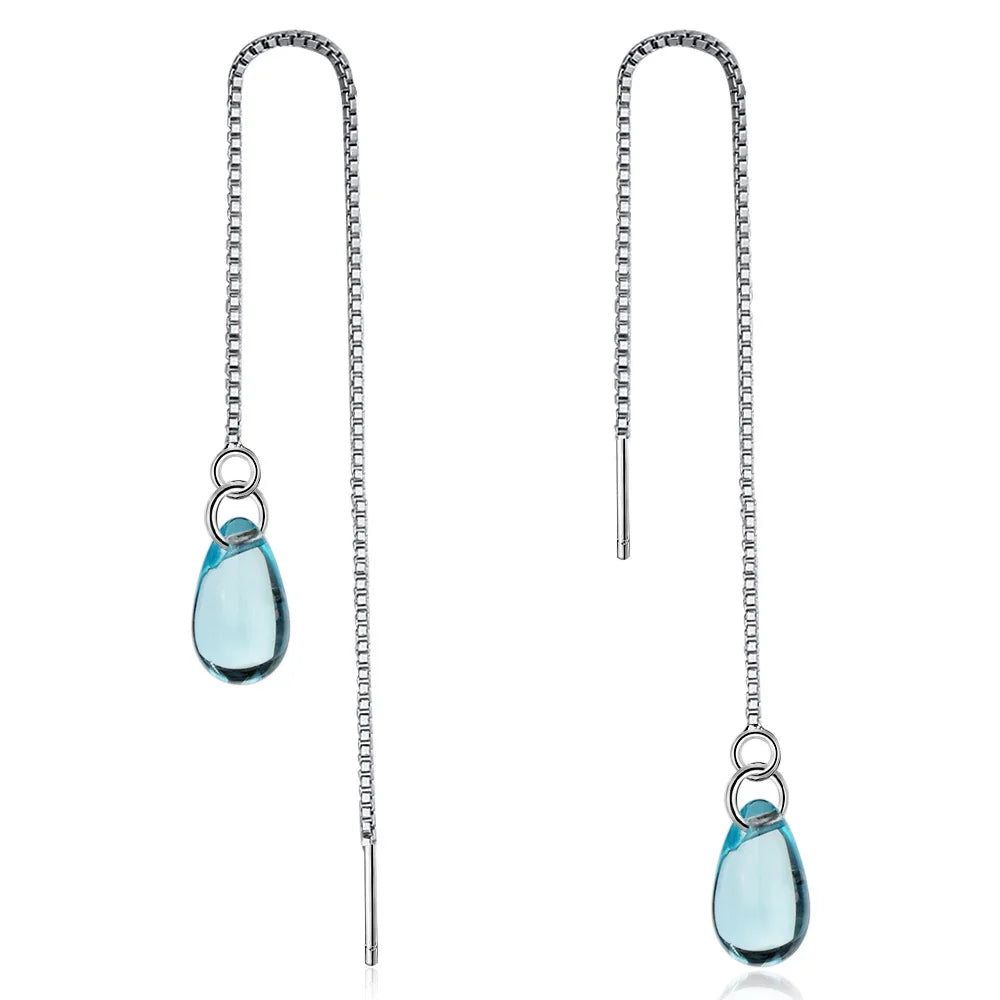 925 Sterling Silver Long Earrings Light Blue Glass Pendant for Ladies and Young Girls Women's Jewelry