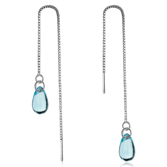 925 Sterling Silver Long Earrings Light Blue Glass Pendant for Ladies and Young Girls Women's Jewelry