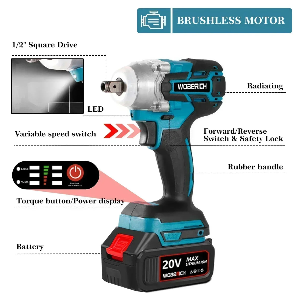 WOBERICH Brushless Cordless Angle Grinder Electric circular saw Electric Impact Hammer Drill With 2x Battery Combo Kits