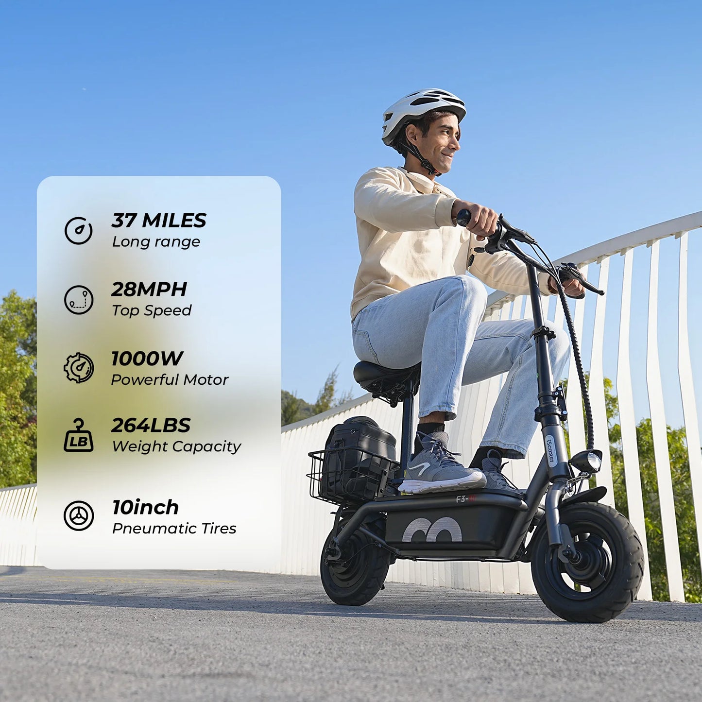 iScooter F3 Electric Scooter 48v 1000W 45km/h Max Range 10 Inch Folding Lightweight Adult Shopping Scooter with Seat and Basket