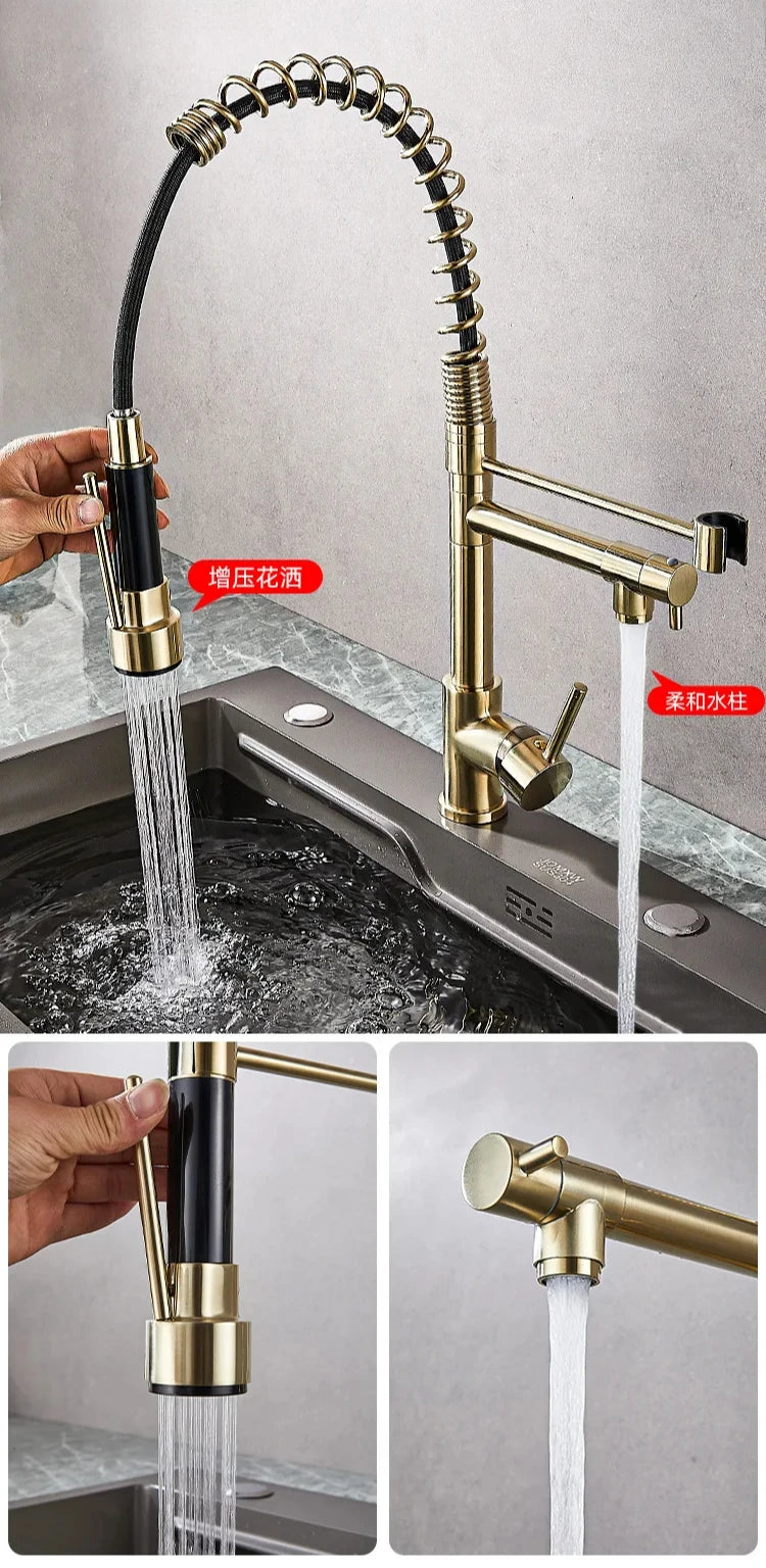 360 Rotatable Faucet Mixer Sink Brass Spring Water Kitchen Taps Gold Ceramic Modern Contemporary Single Handle