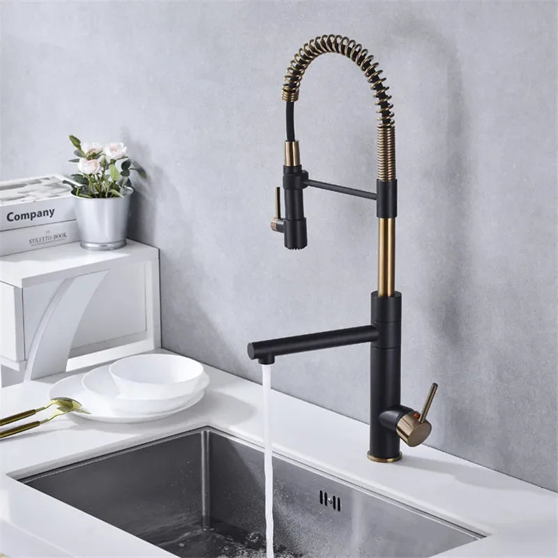 Brushed Gold Kitchen Faucets Pull Down Sink Faucet Pull Out Black Spring Spout Mixers Tap Hot Cold Water Crane