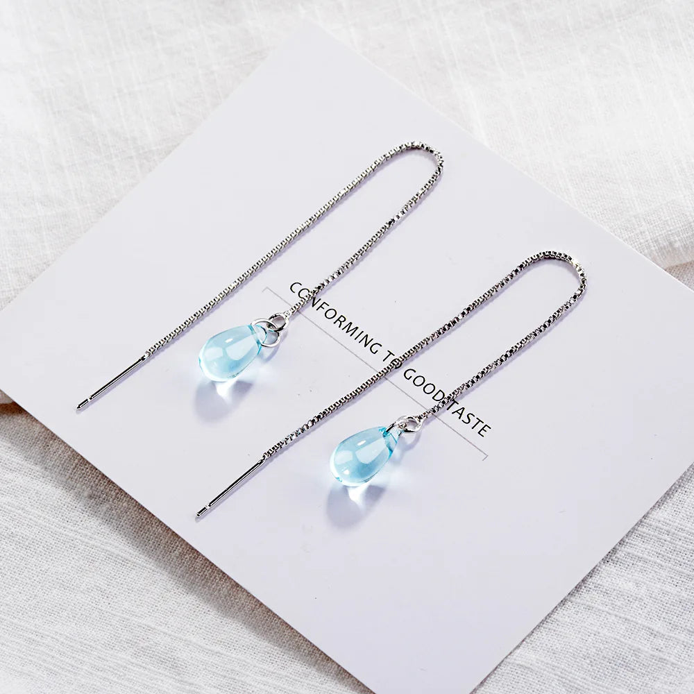 925 Sterling Silver Long Earrings Light Blue Glass Pendant for Ladies and Young Girls Women's Jewelry