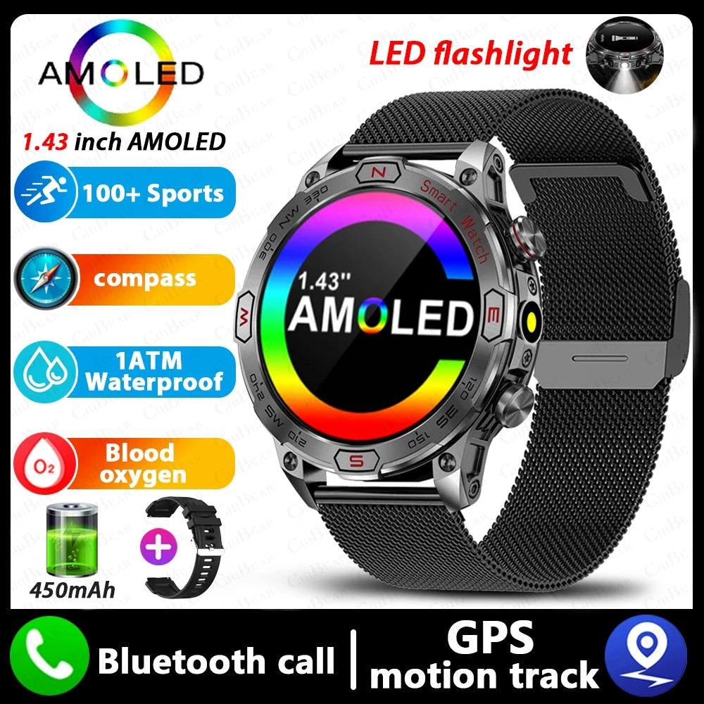 1 ATM Waterproof Smart Sport Watch Men With 450MAh Battery Health Monitoring Bluetooth Call Outdoor Compass Military Smart Watch