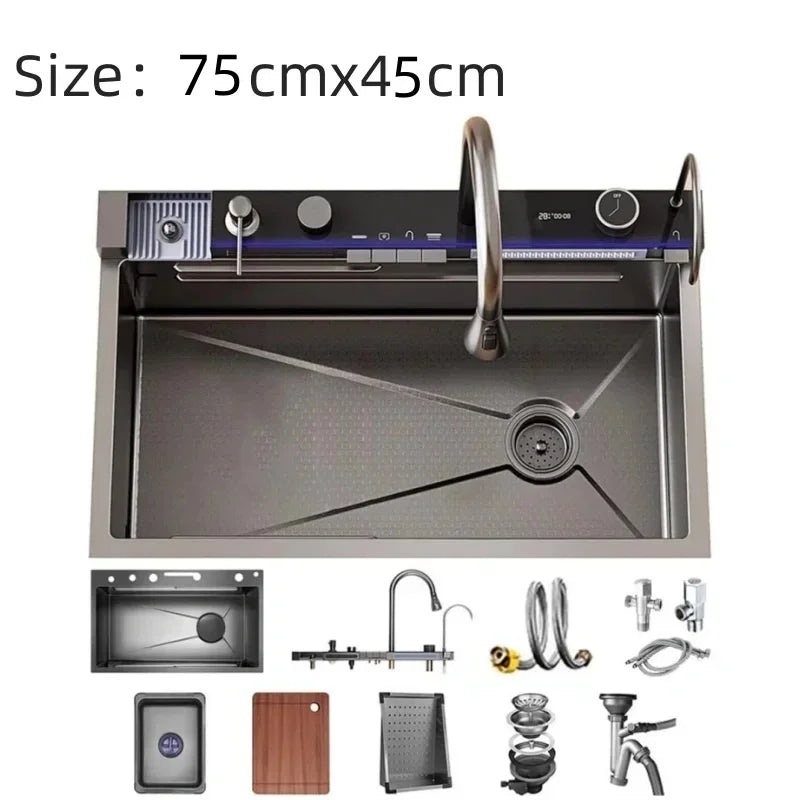 304 Stainless Steel Kitchen Sink Double Waterfall Single Slot Integrated Digital Display Faucet Set Soap dispenser Cup Washer