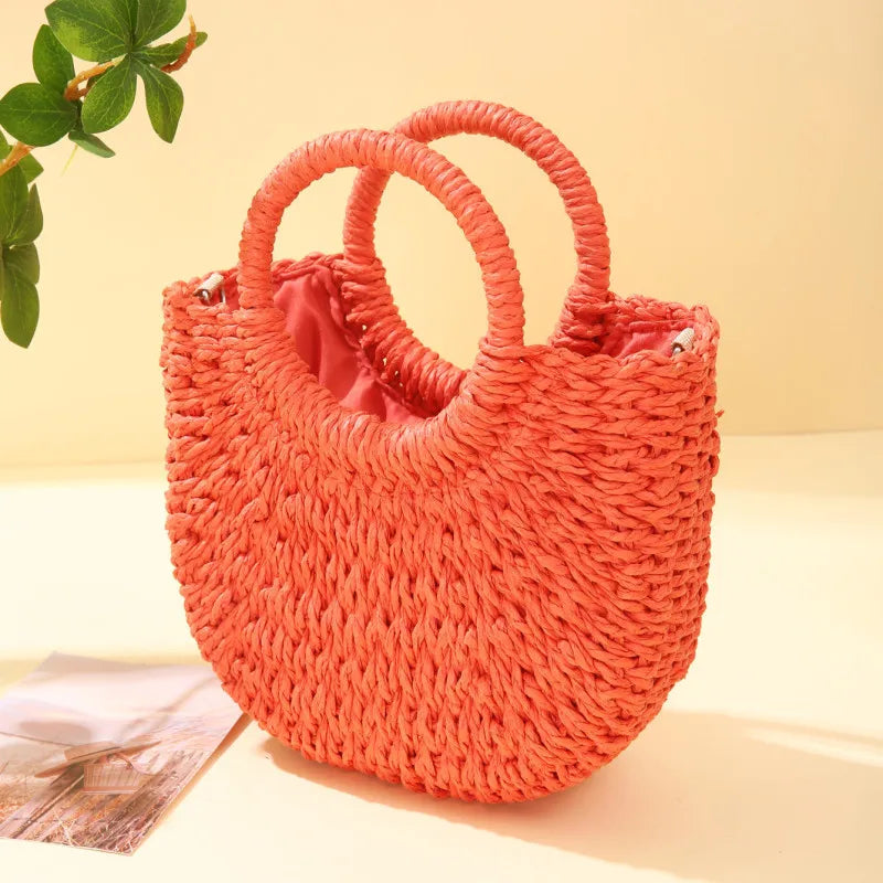 Handwoven Straw Rattan Half-Moon Beach Handbag Large Capacity Women Summer Hollow Out Crossbody Shoulder Bag