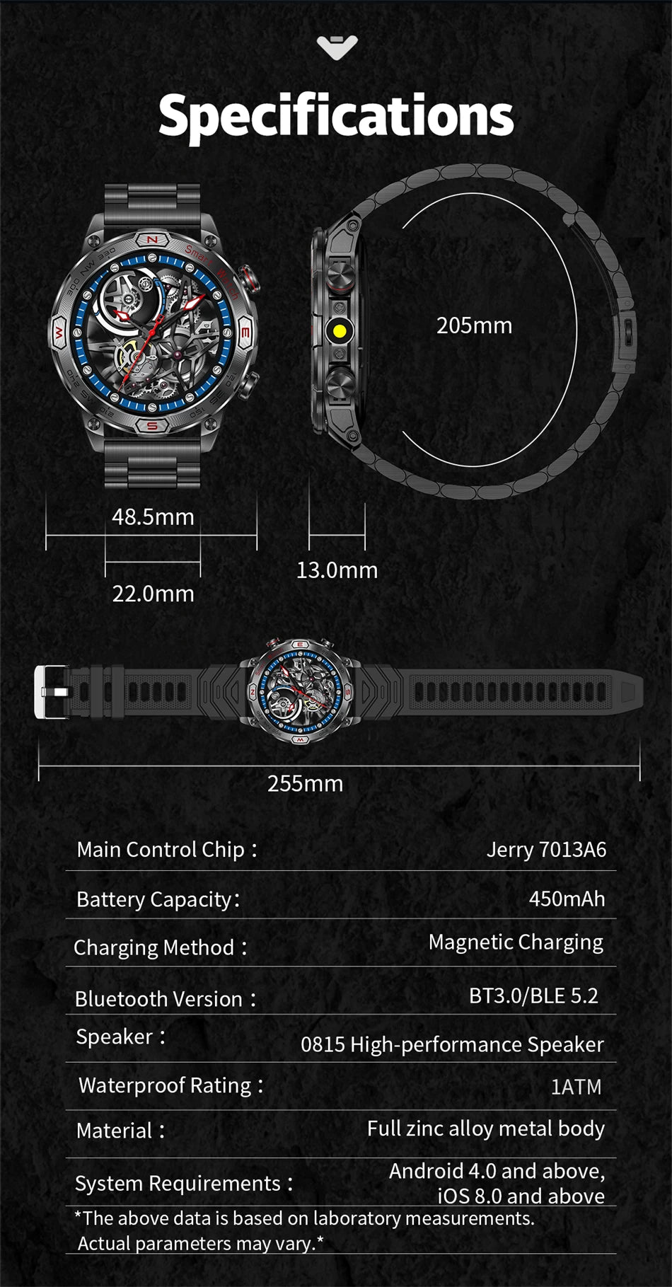 1 ATM Waterproof Smart Sport Watch Men With 450MAh Battery Health Monitoring Bluetooth Call Outdoor Compass Military Smart Watch