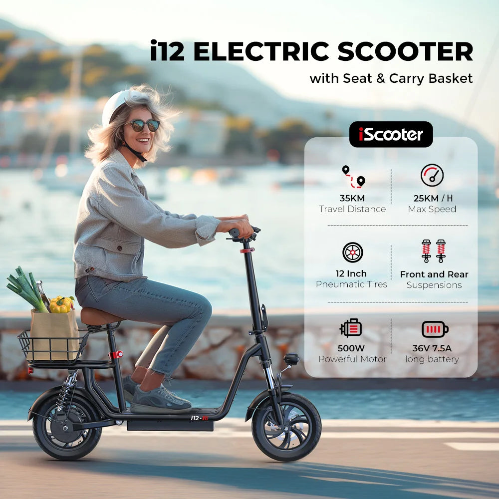 iScooter i12 12inch Electric Scooter 500W 25KM/H Folding Lightweight Adult Scooter 35KM Max Range Scooters with Seat and Basket