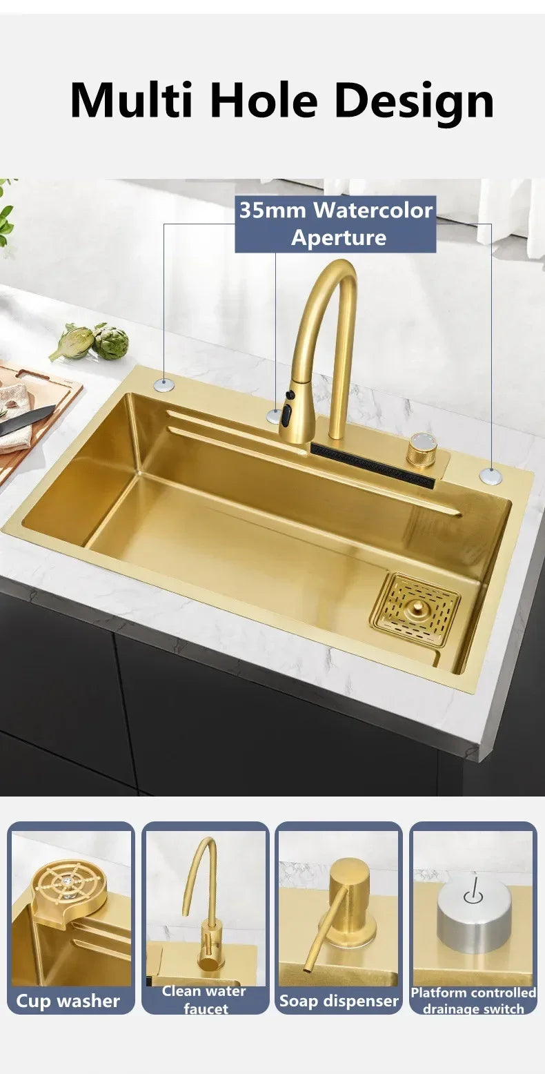 Gold 304 Stainless Steel kitchen Waterfall Sink,Washing Basin,Large Single Slot Sink Crockery Drainer Gourmet Faucet kitchen