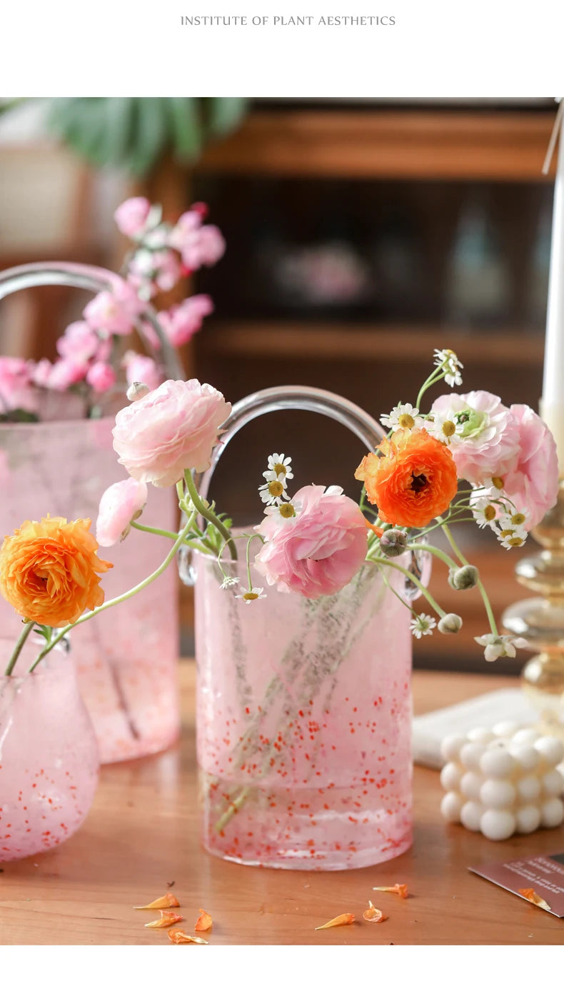 Pink Pail Glass Handbag Home Decor Flower Vase Decoration Piece Creative Internet Celebrity INS Wind Hydroponic Vase Retro