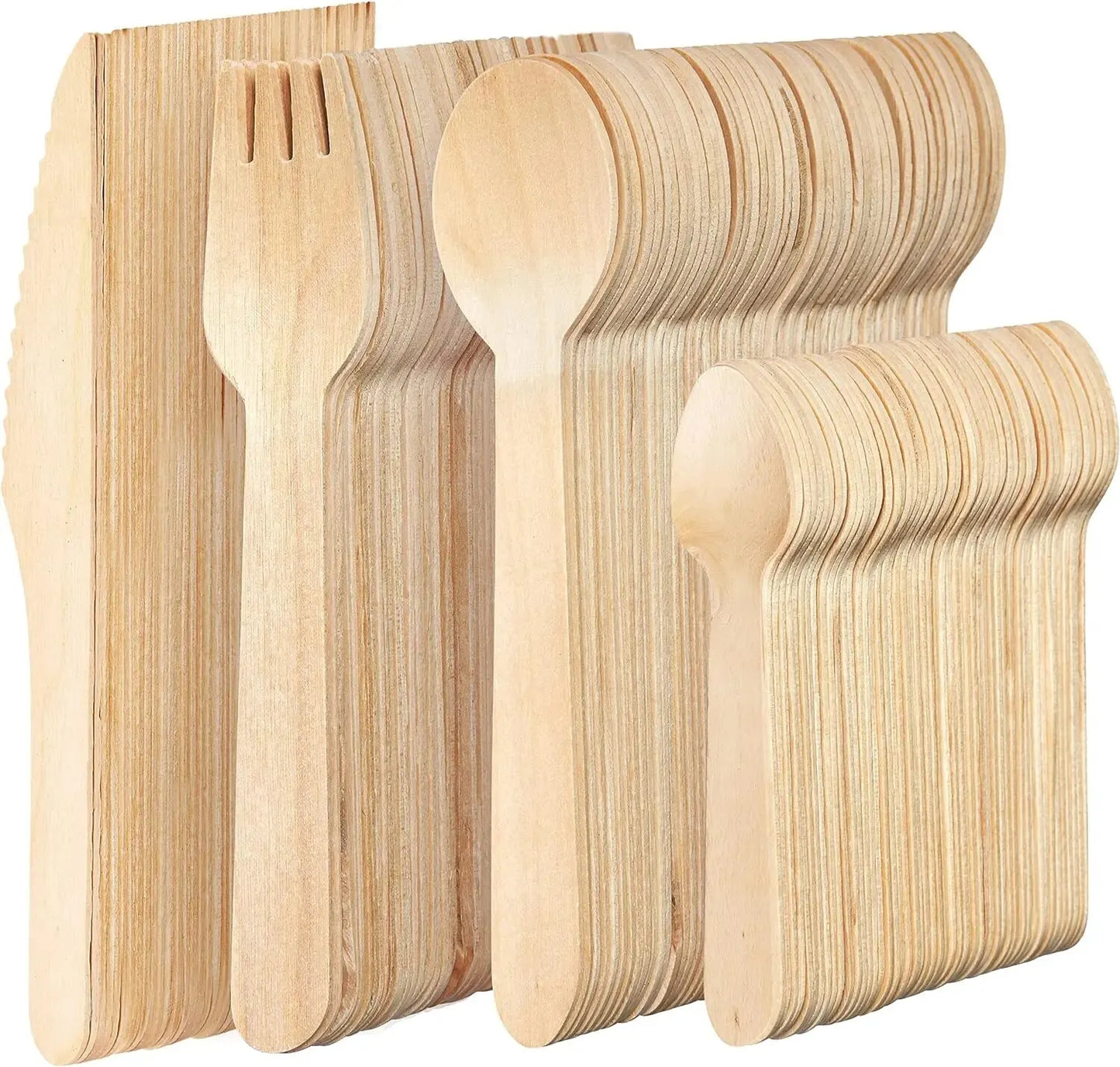 200 Pcs Party Disposable Wooden Tableware Set -(50 Forks, $50, 50 Spoons, 50 Teaspoons), Bamboo Garden Utensil