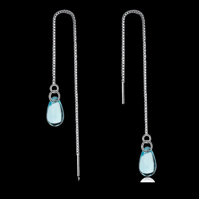 925 Sterling Silver Long Earrings Light Blue Glass Pendant for Ladies and Young Girls Women's Jewelry