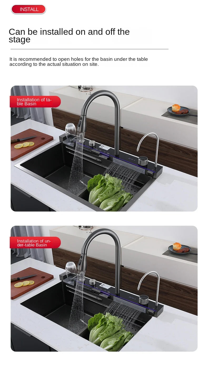 304 Stainless Steel Kitchen Sink Double Waterfall Single Slot Integrated Digital Display Faucet Set Soap dispenser Cup Washer