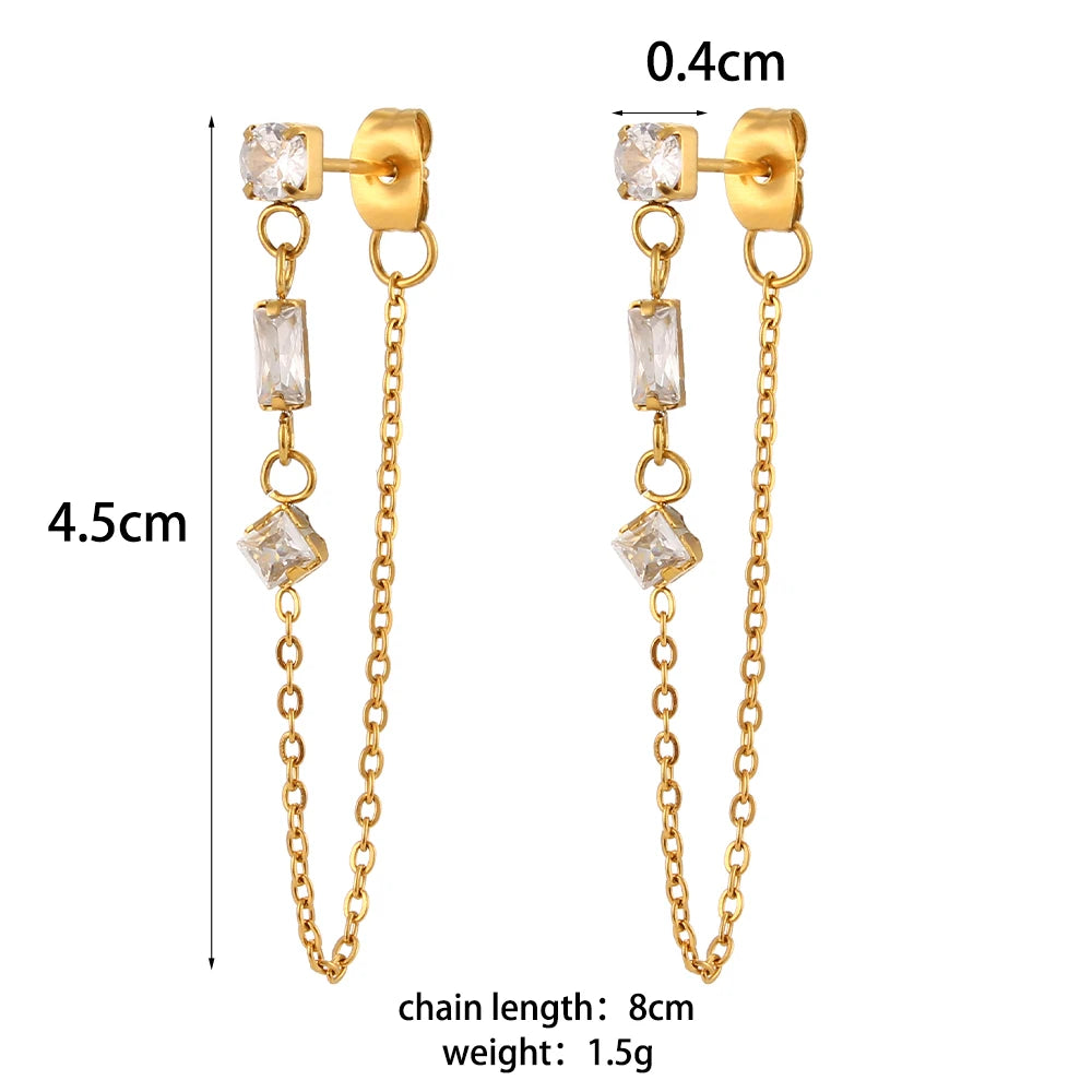 E.B.belle Micro Paved Rectangle Square Round Crystal Long Chain Drop Earring Front and Back Side Stainless Steel Earring