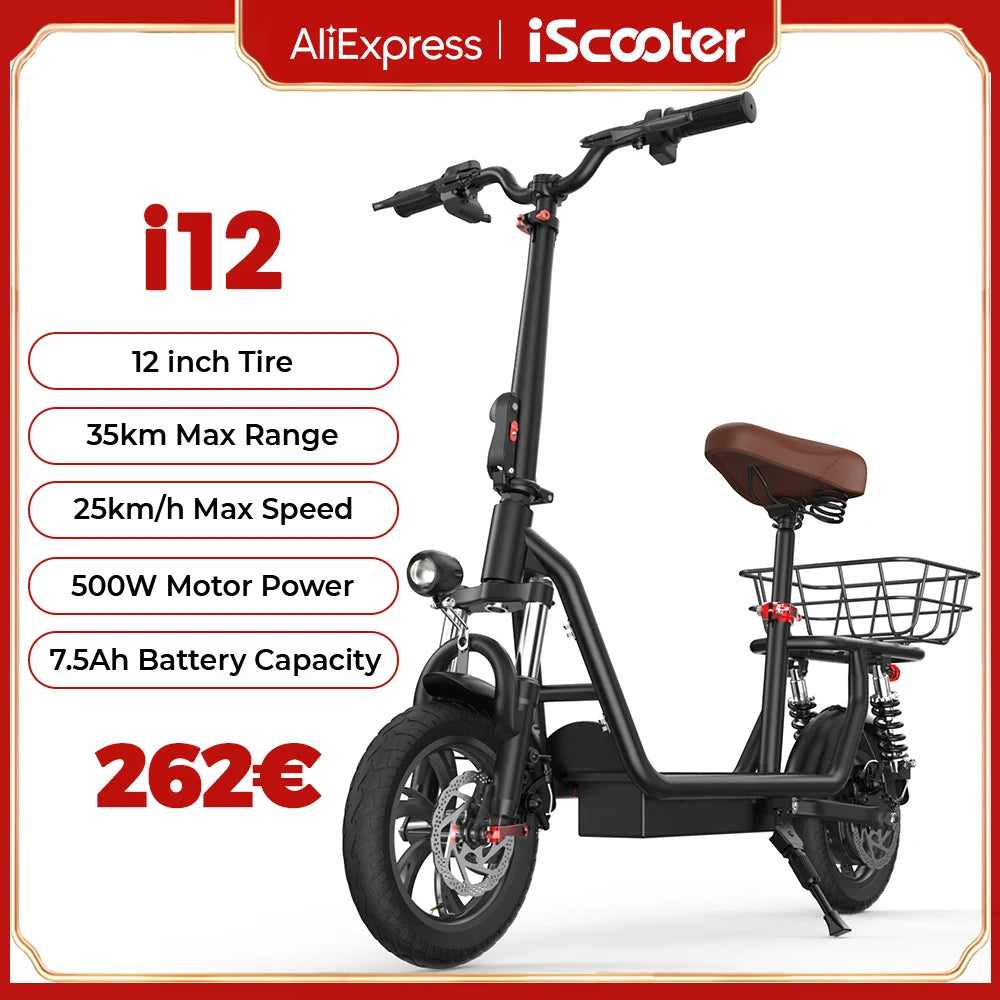 iScooter i12 12inch Electric Scooter 500W 25KM/H Folding Lightweight Adult Scooter 35KM Max Range Scooters with Seat and Basket